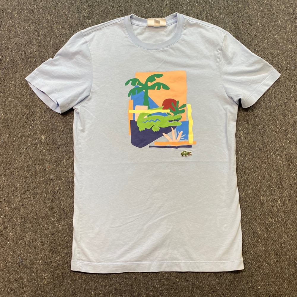 Lacoste Graphic TShirt Sz XS Mens Blue Tropical Palm Tree Croc Logo Regular Fit